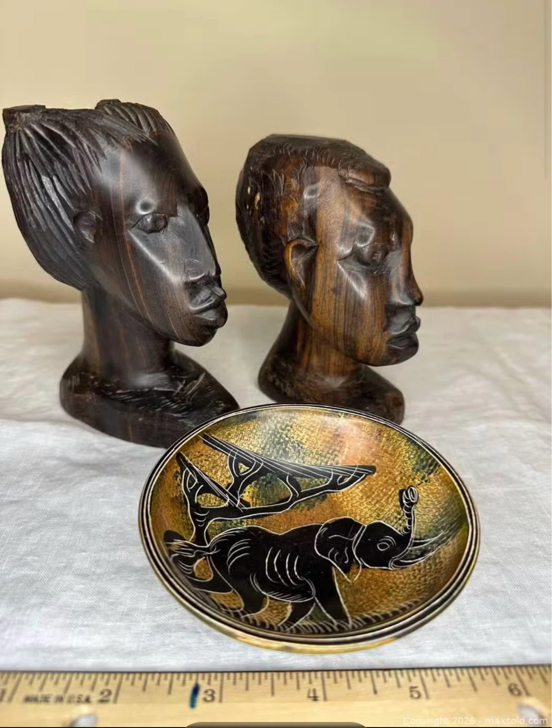 Hand Carved Wooden African Busts and Elephant Dish Set