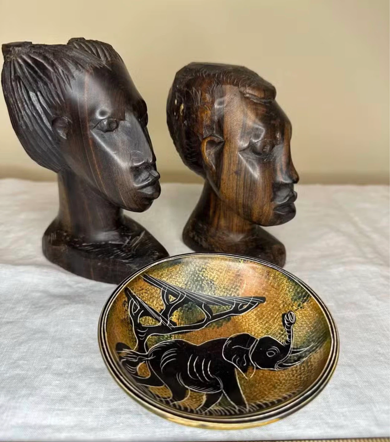 Hand Carved Wooden African Busts and Elephant Dish Set - photo 2
