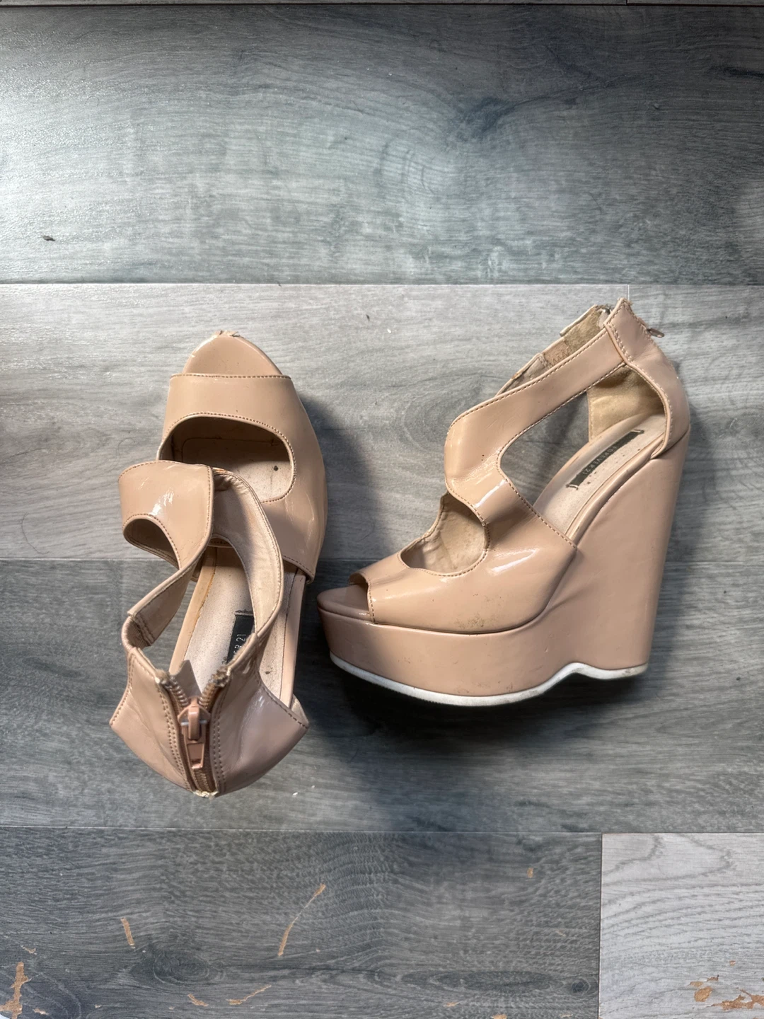 Beige Patent Wedge Sandals
