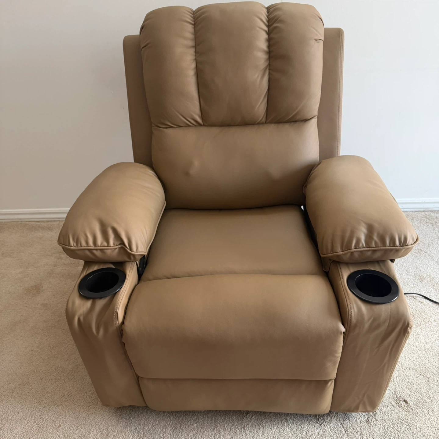 Tan Leather Recliner with Cup Holders and Remote