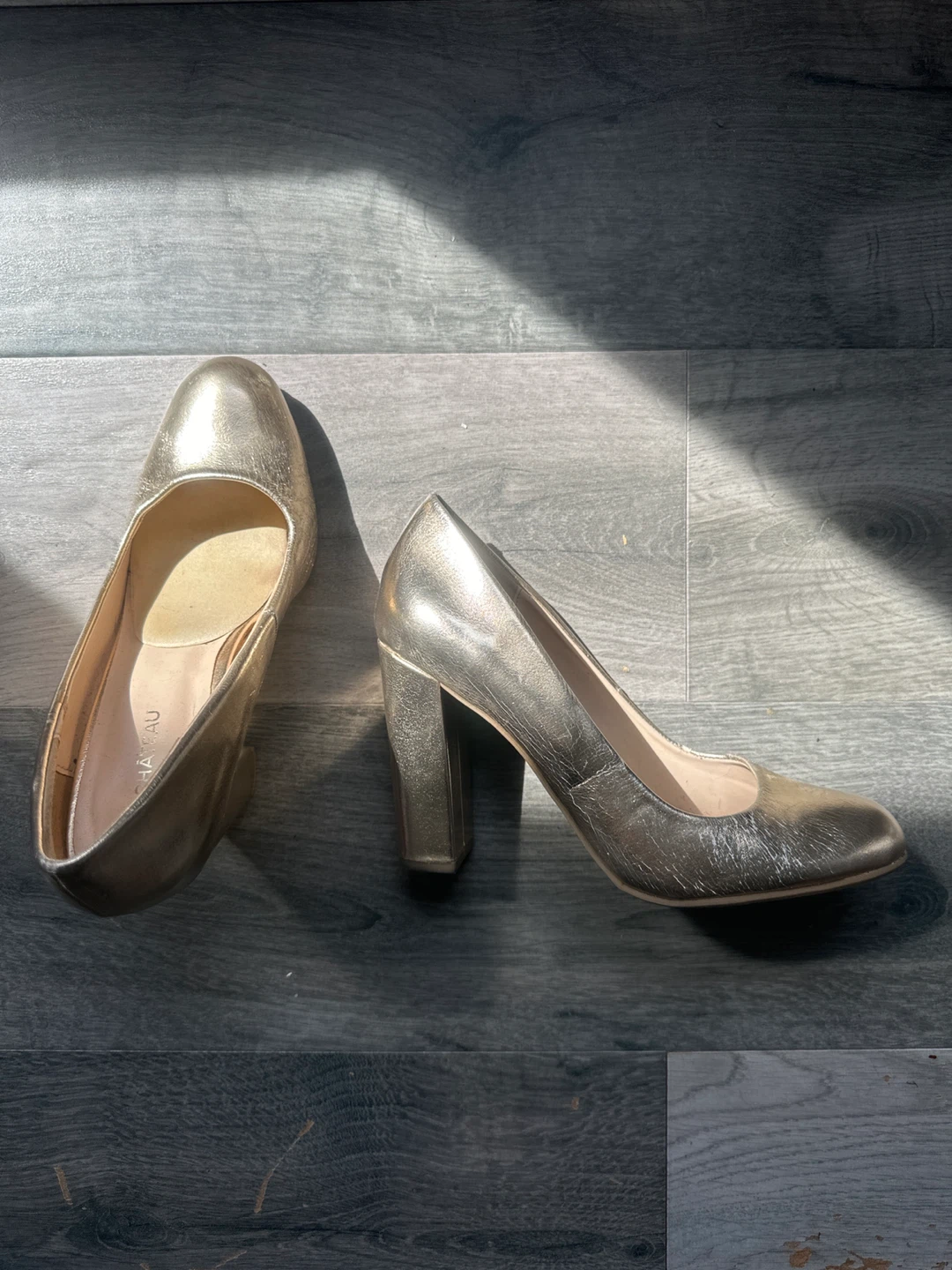 Gold Block Heel Pumps