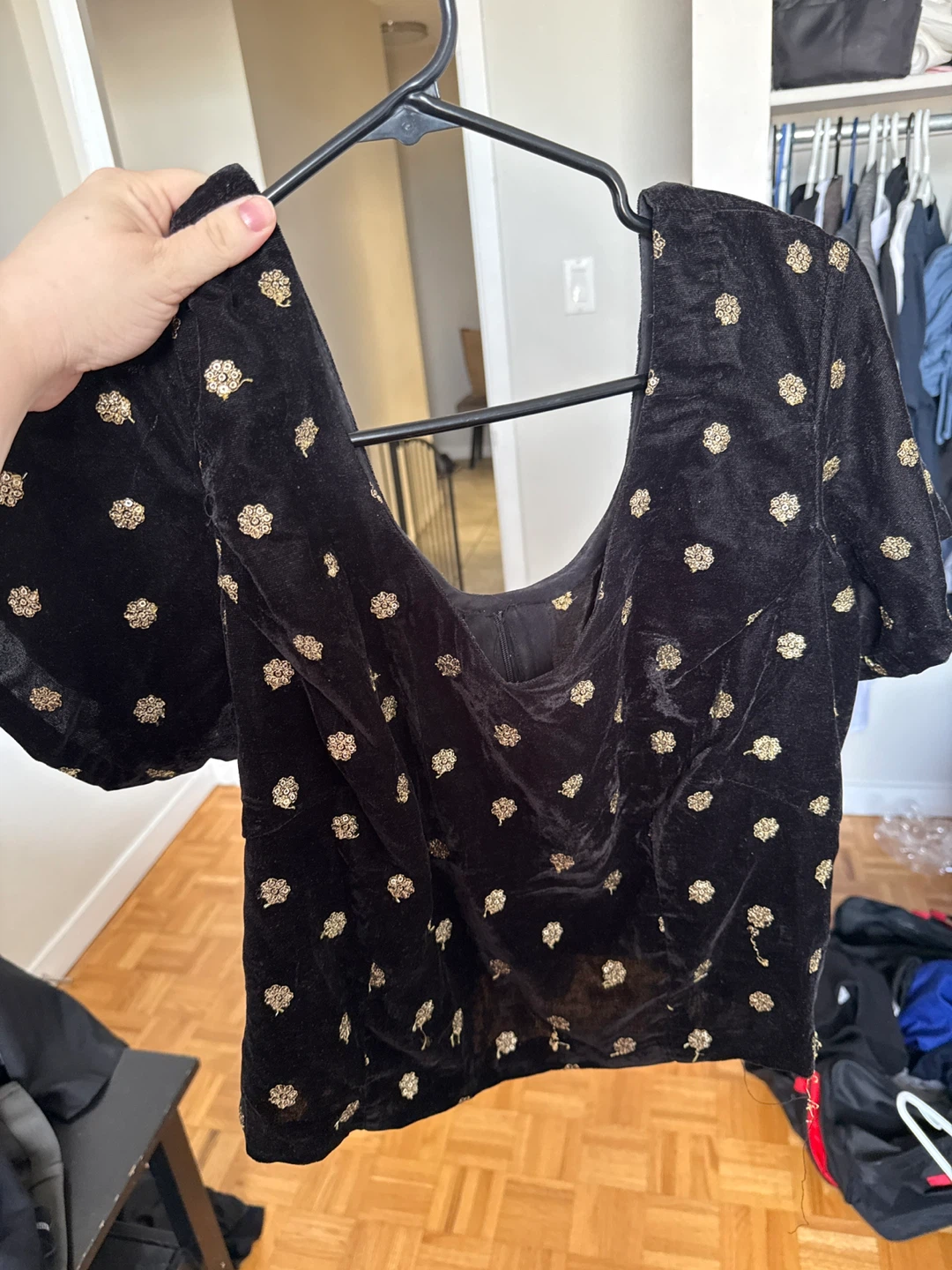 Black Velvet Blouse with Gold Embroidery