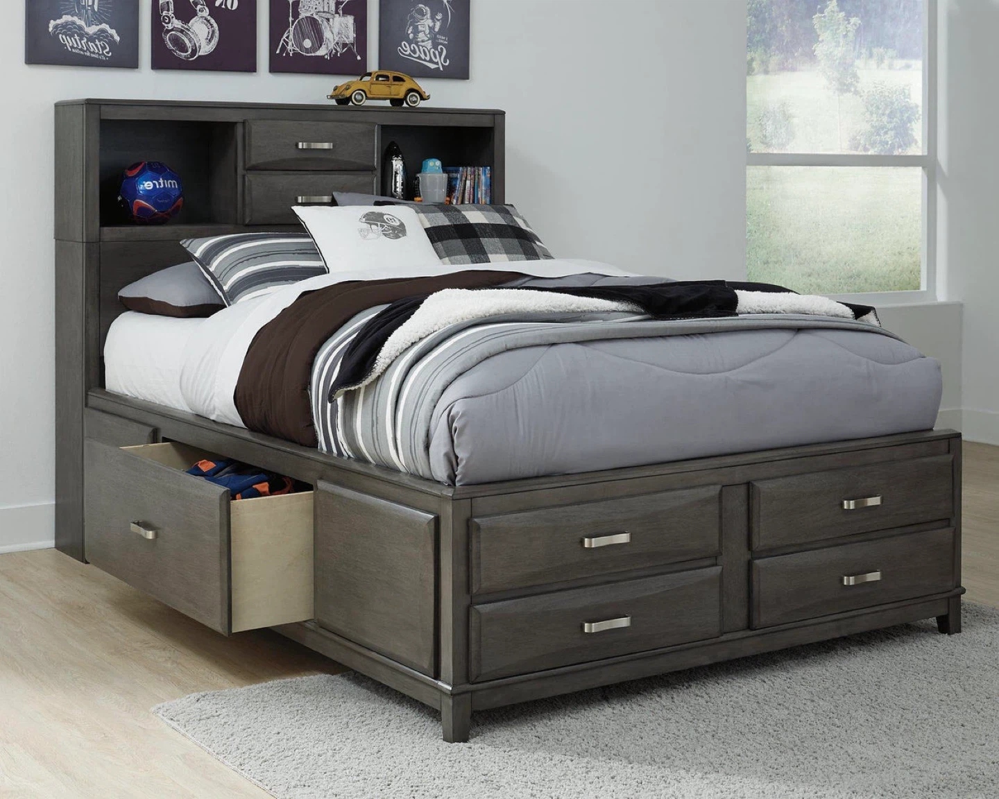 Gray Full Storage Bed Frame with Headboard and Drawers