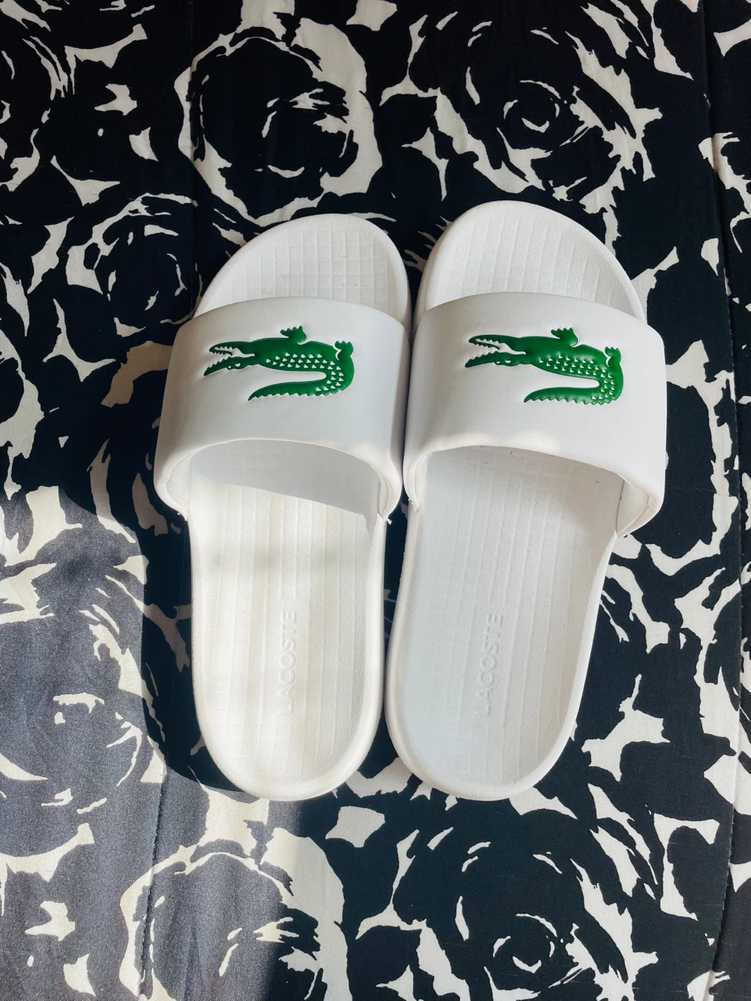 Lacoste White Slides with Green Crocodile Logo