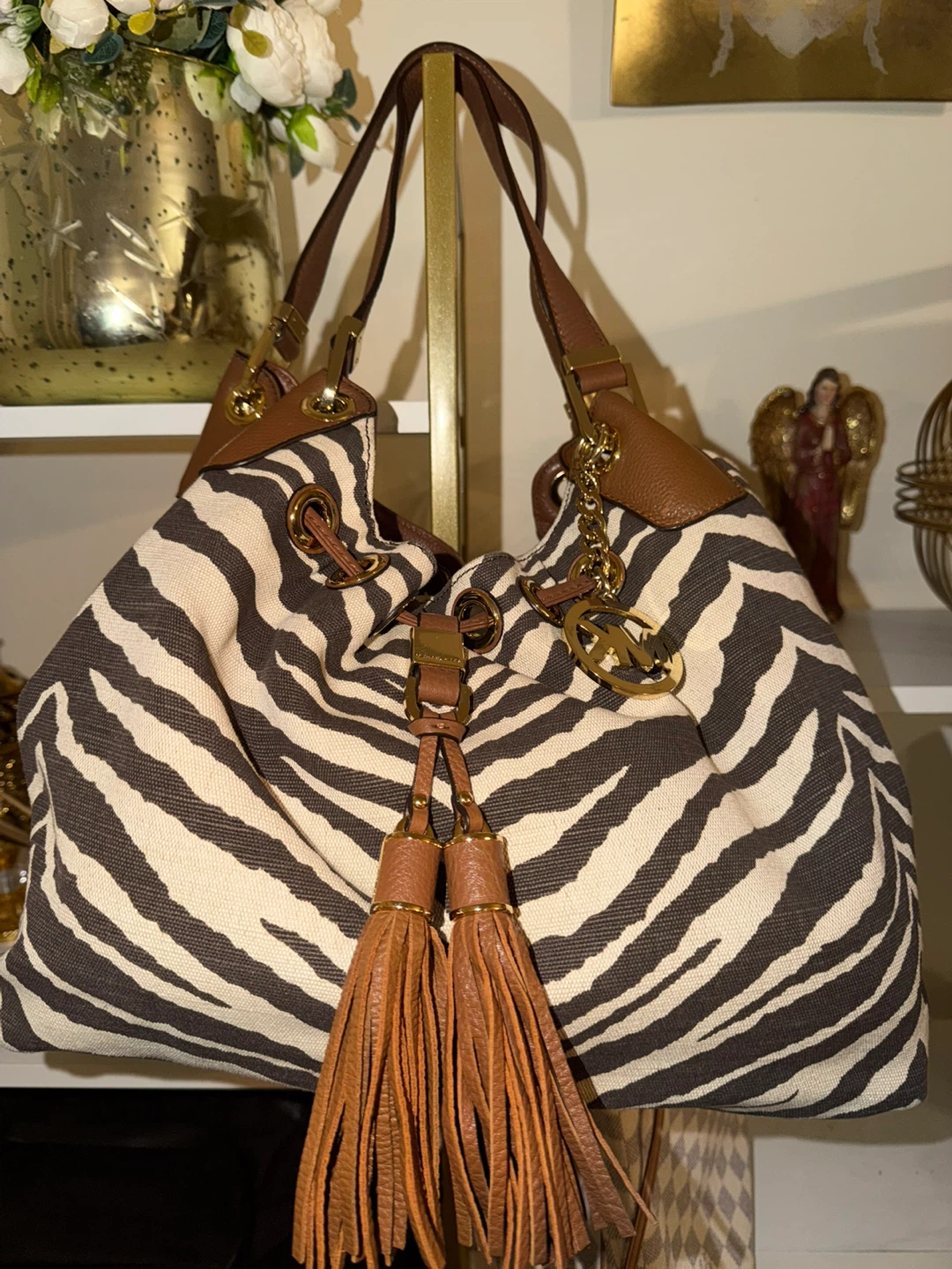 Sac à main Michael Kors zébré en toile et cuir marron