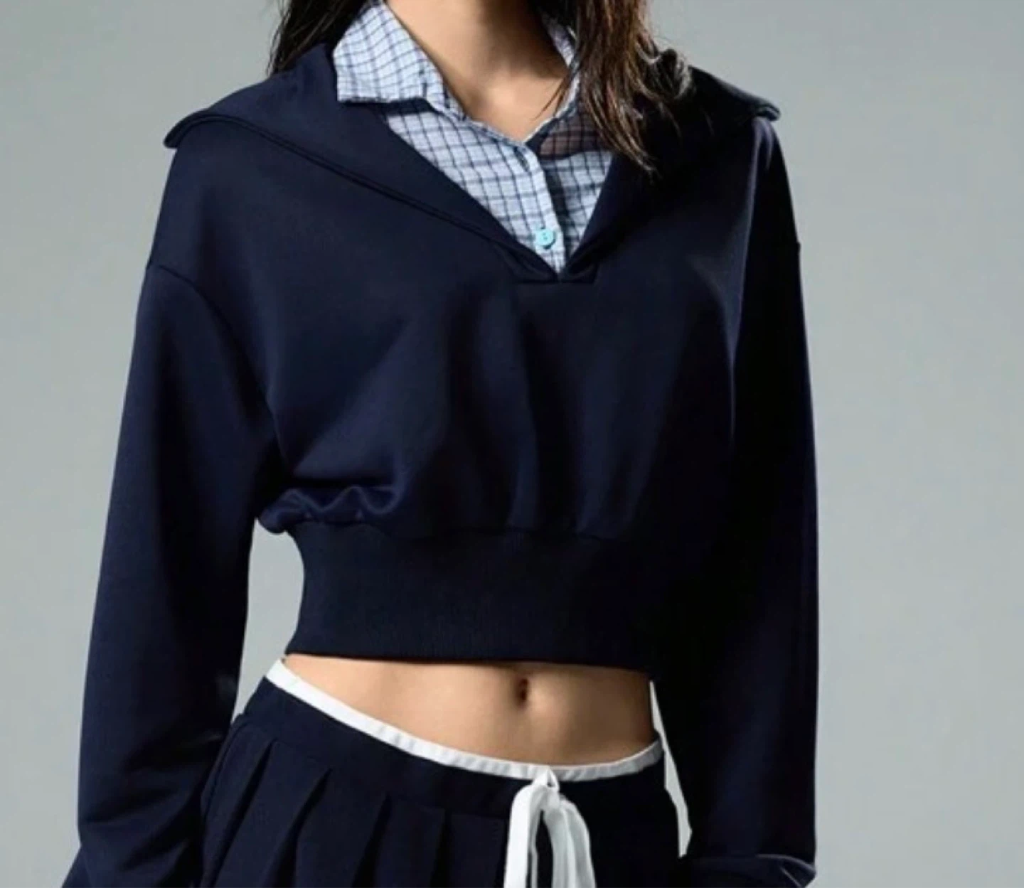 Mock Layered Navy Cropped Top with Plaid Collar