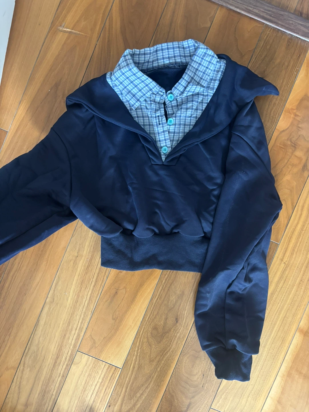 Mock Layered Navy Cropped Top with Plaid Collar - photo 3