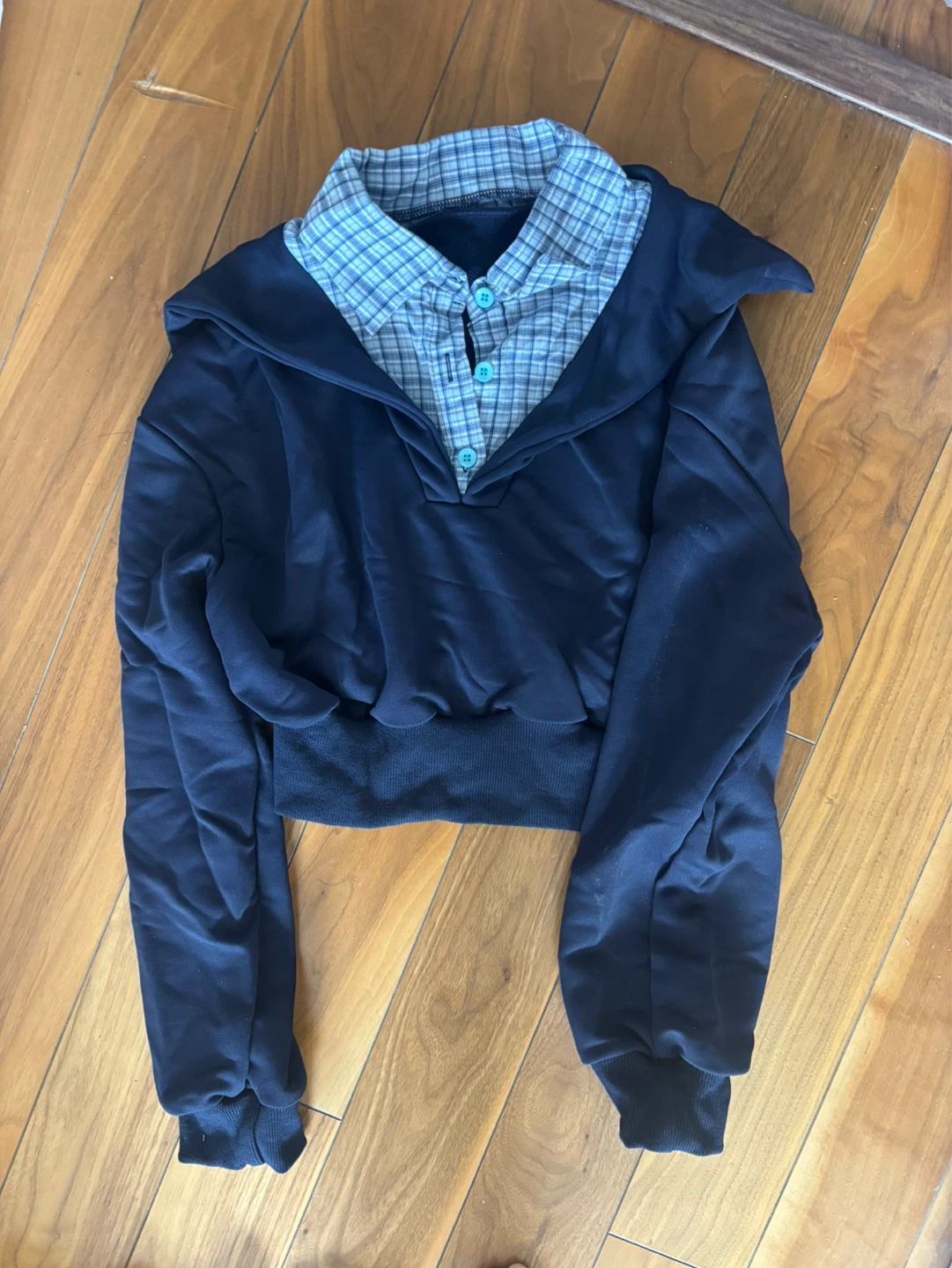 Mock Layered Navy Cropped Top with Plaid Collar - photo 2