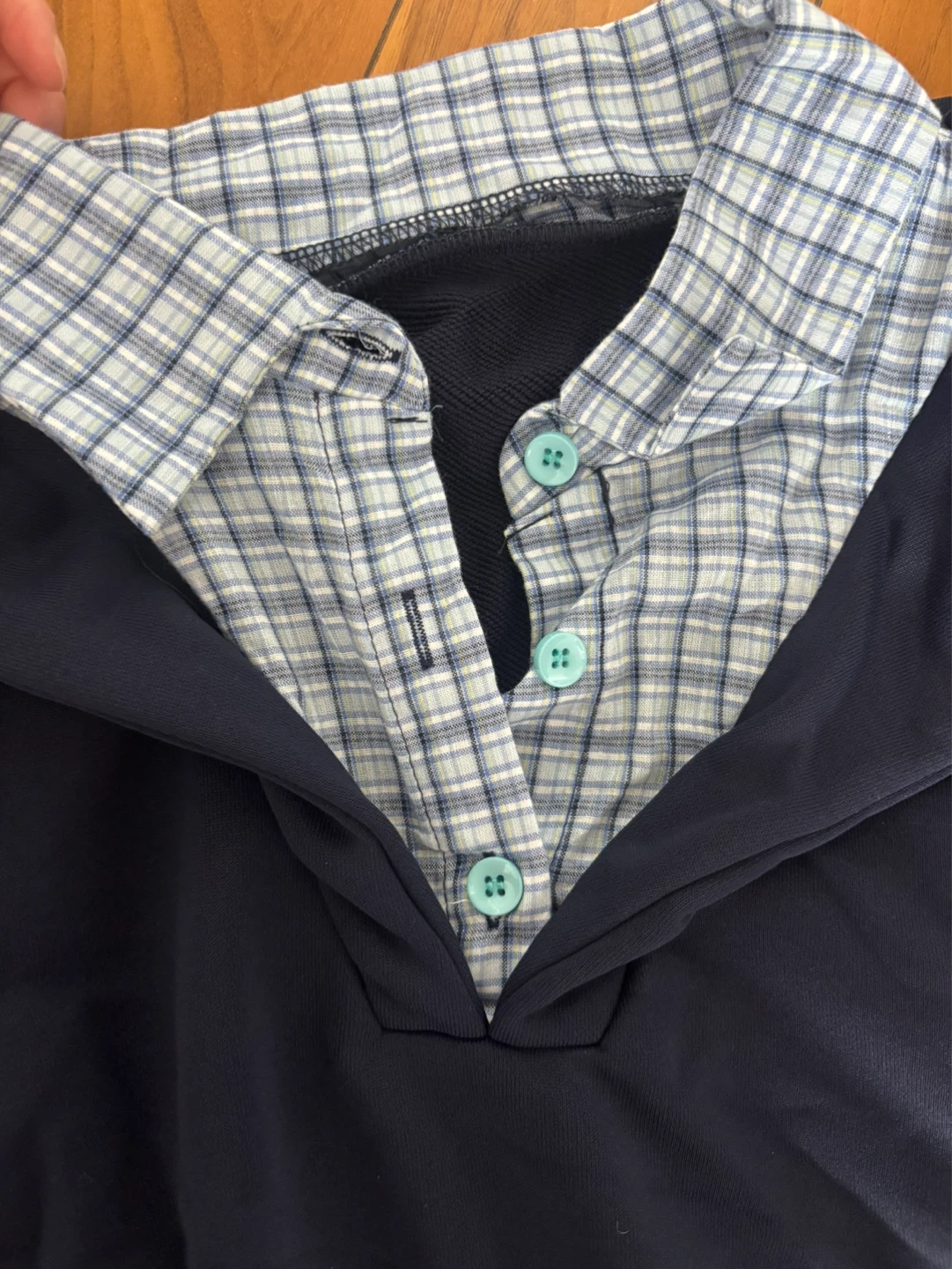 Mock Layered Navy Cropped Top with Plaid Collar - photo 4