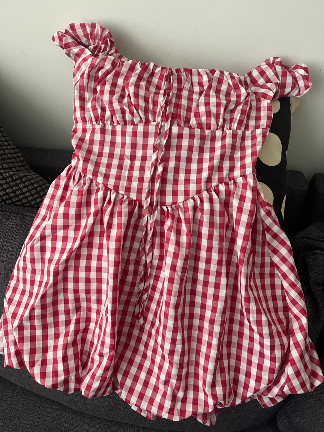 Red Gingham Smocked Off-the-Shoulder Dress