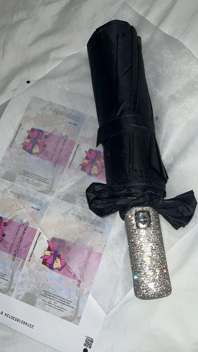 Black Foldable Umbrella with Rhinestone Handle