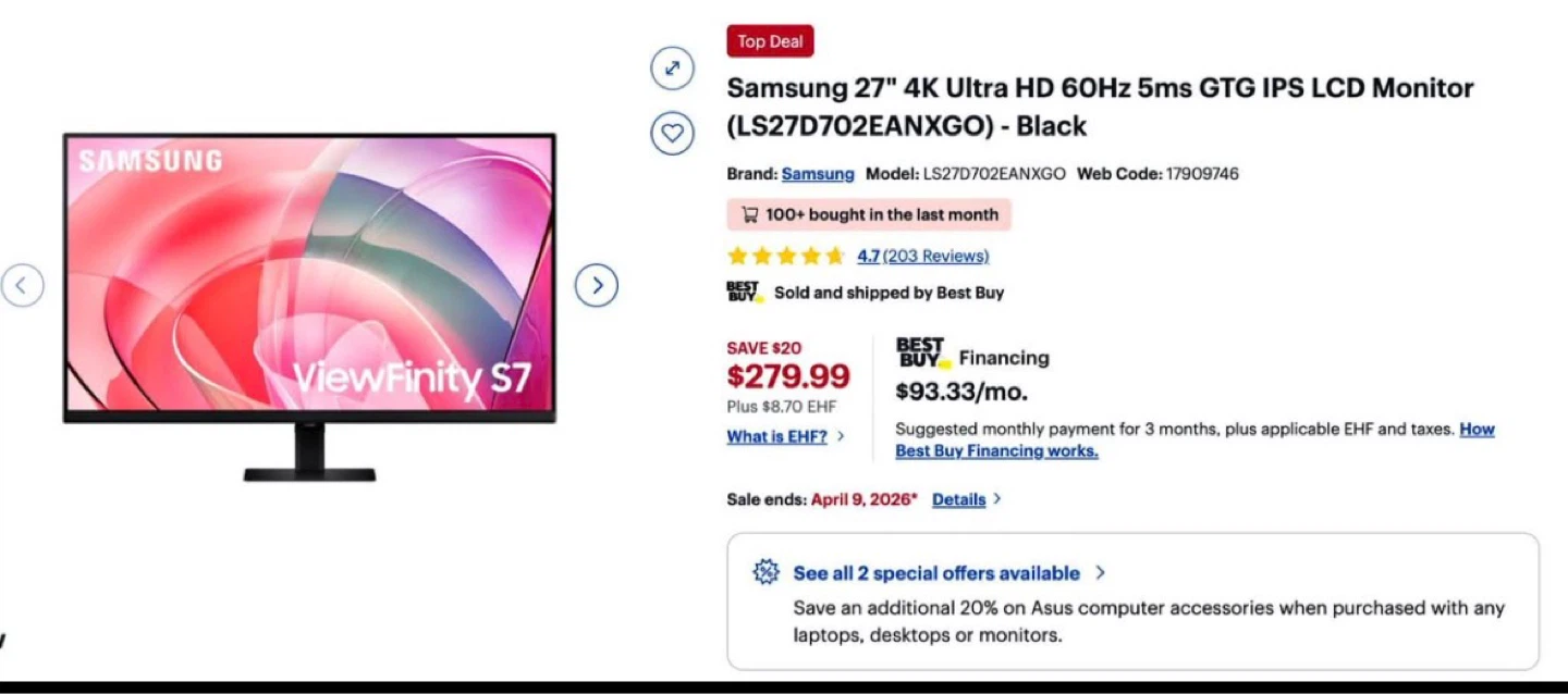 Samsung 27" 4K Ultra HD 60Hz 5ms GTG IPS LCD Monitor