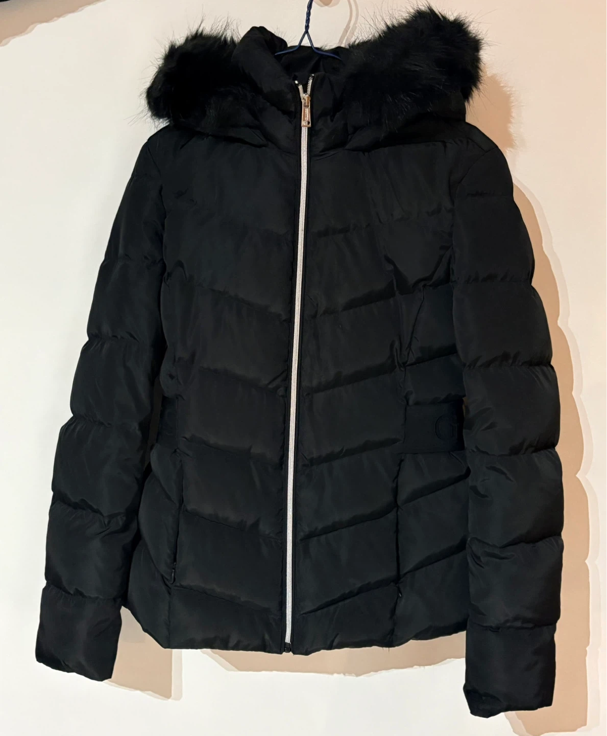 Guess Black Puffer Jacket with Fur Hood