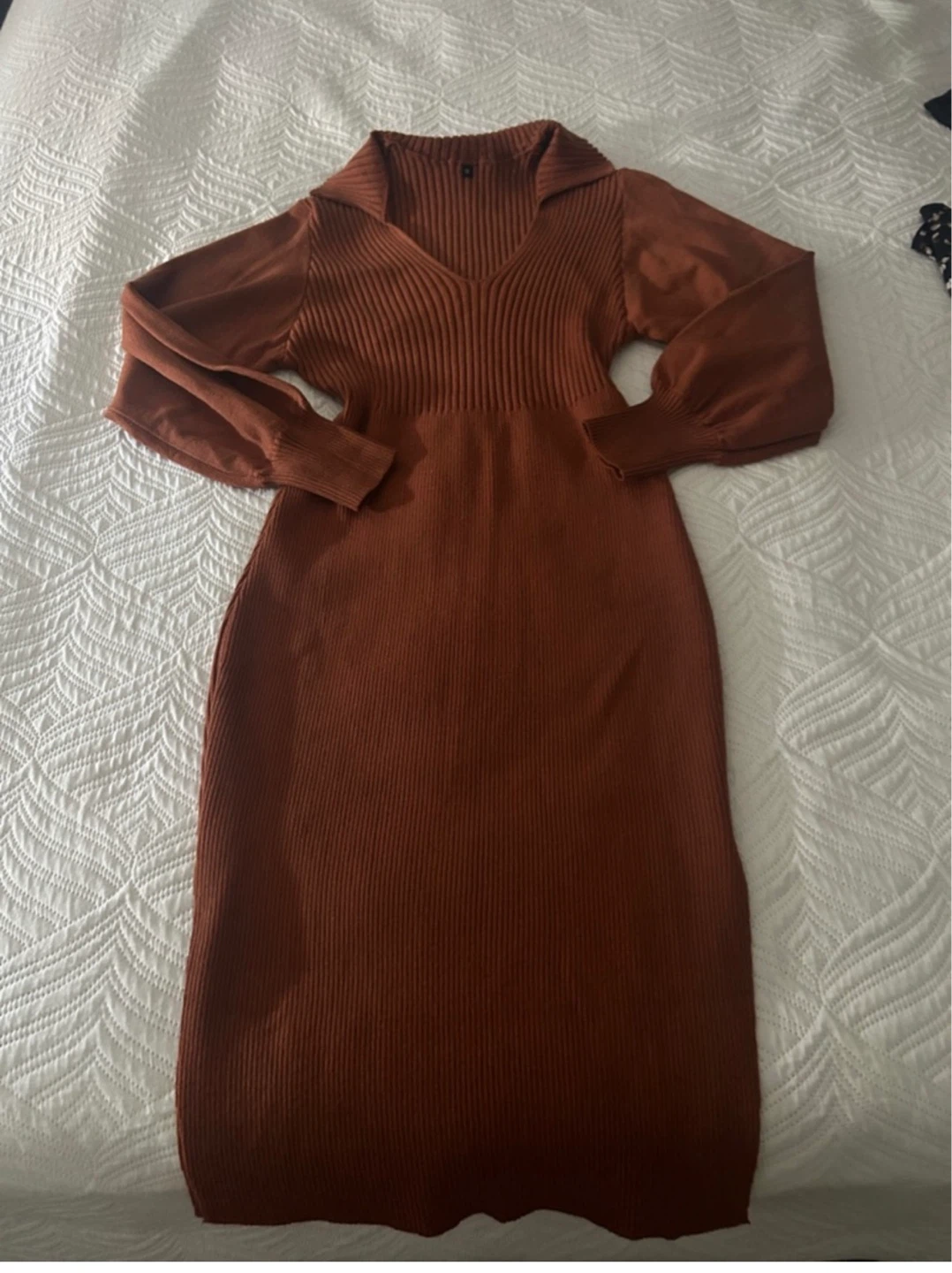 Brown Ribbed Knit Midi Dress - Size M