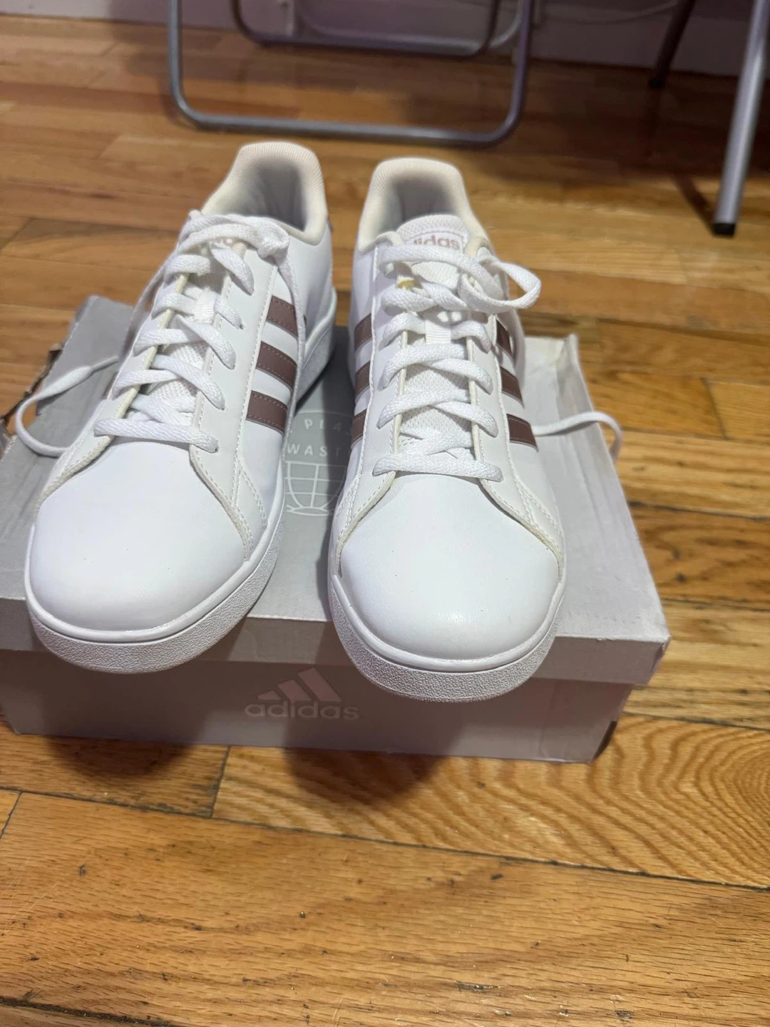Adidas White Sneakers with Brown Stripes