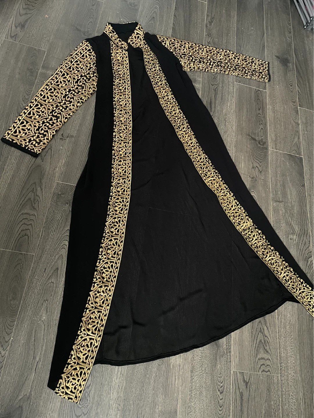 Black sheer duster with gold embroidery