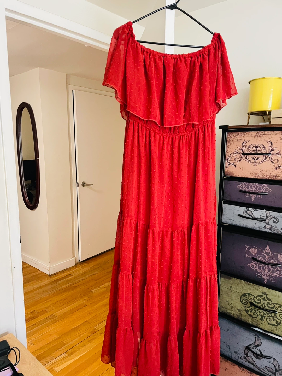 Red Off-the-Shoulder Tiered Maxi Dress