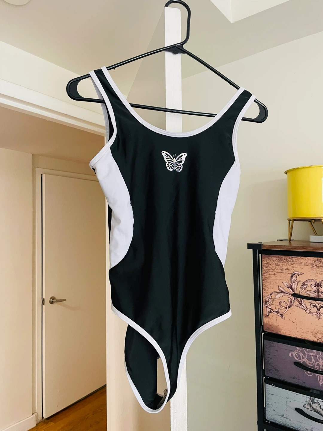 Black and White One-Piece Swimsuit with Butterfly Design