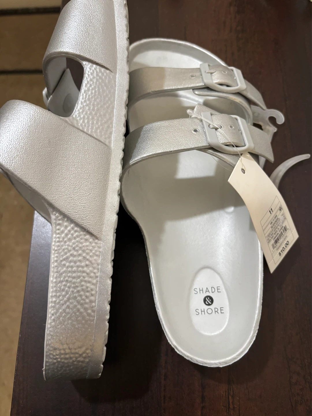 NEW Shade & Shore Silver Slide Sandals Size 11