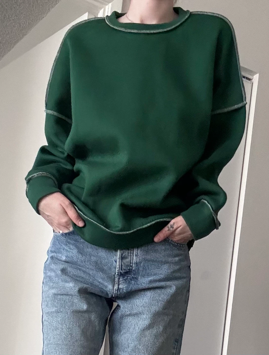 Green Crewneck Sweatshirt with Contrast Stitching - photo 2