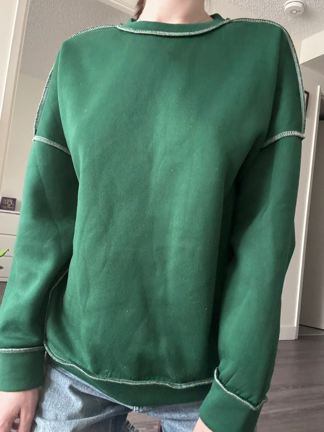 Green Crewneck Sweatshirt with Contrast Stitching - photo 5