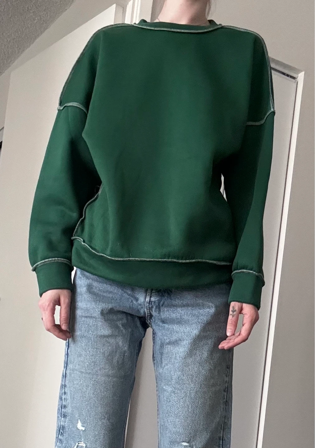 Green Crewneck Sweatshirt with Contrast Stitching - photo 4