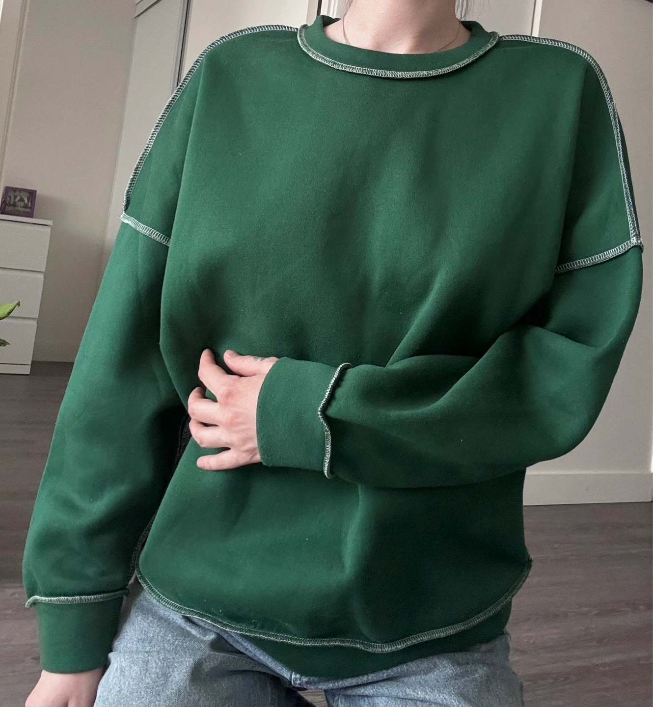 Green Crewneck Sweatshirt with Contrast Stitching - photo 3