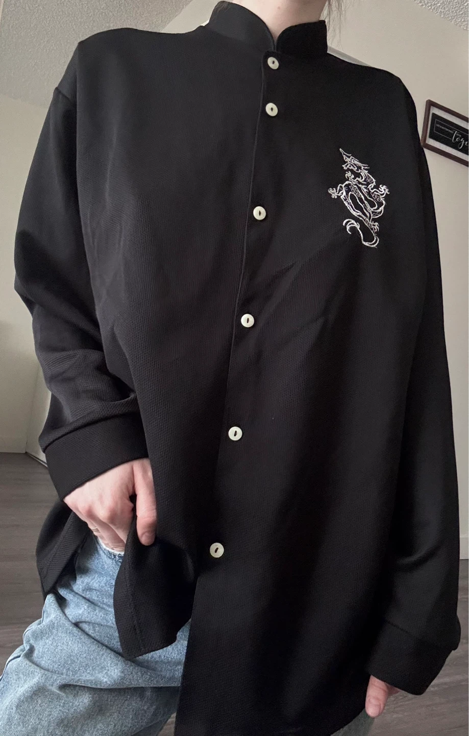 Black Embroidered Dragon Button-Up Shirt