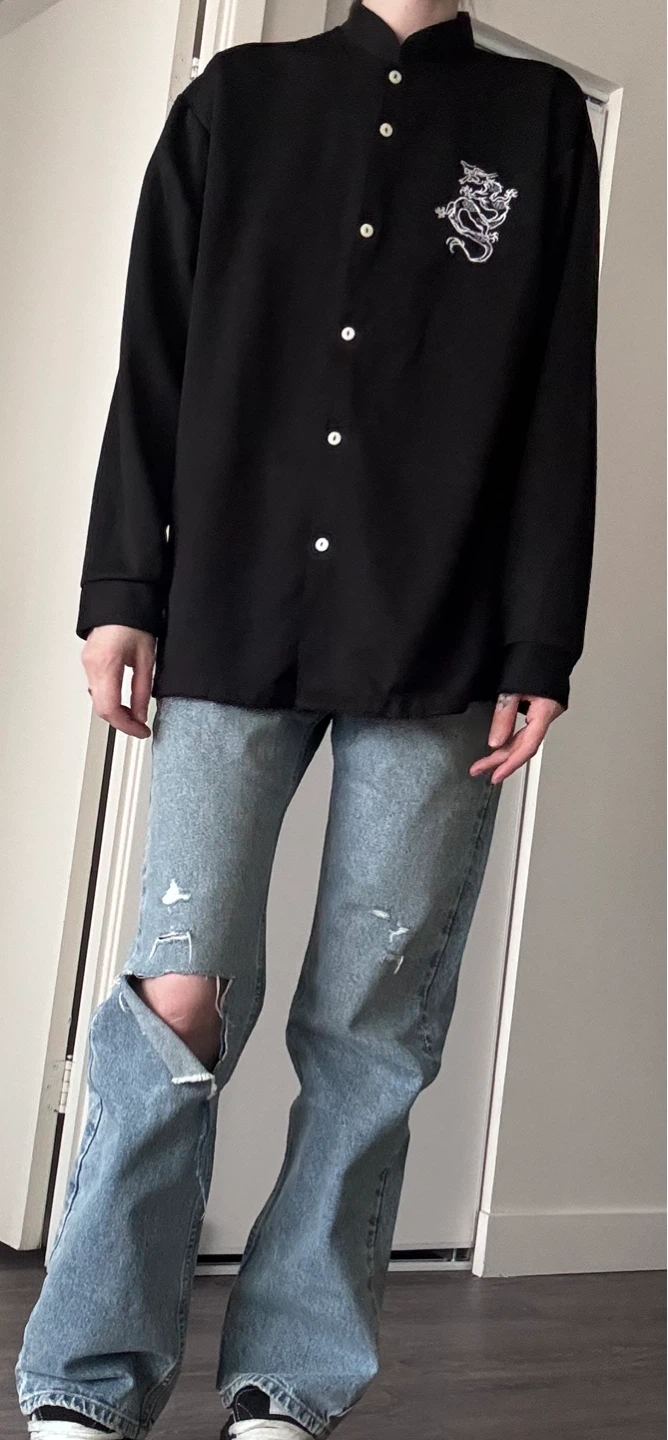 Black Embroidered Dragon Button-Up Shirt - photo 4