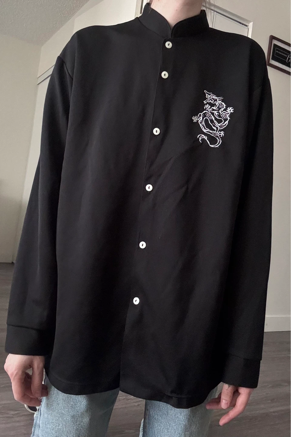 Black Embroidered Dragon Button-Up Shirt - photo 3