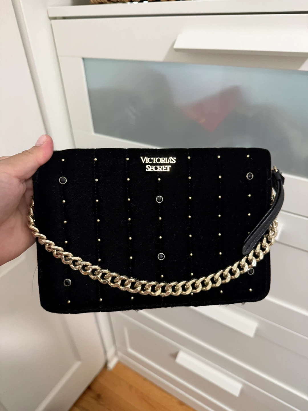 Victoria's Secret Black Velvet Studded Clutch with Gold Chain