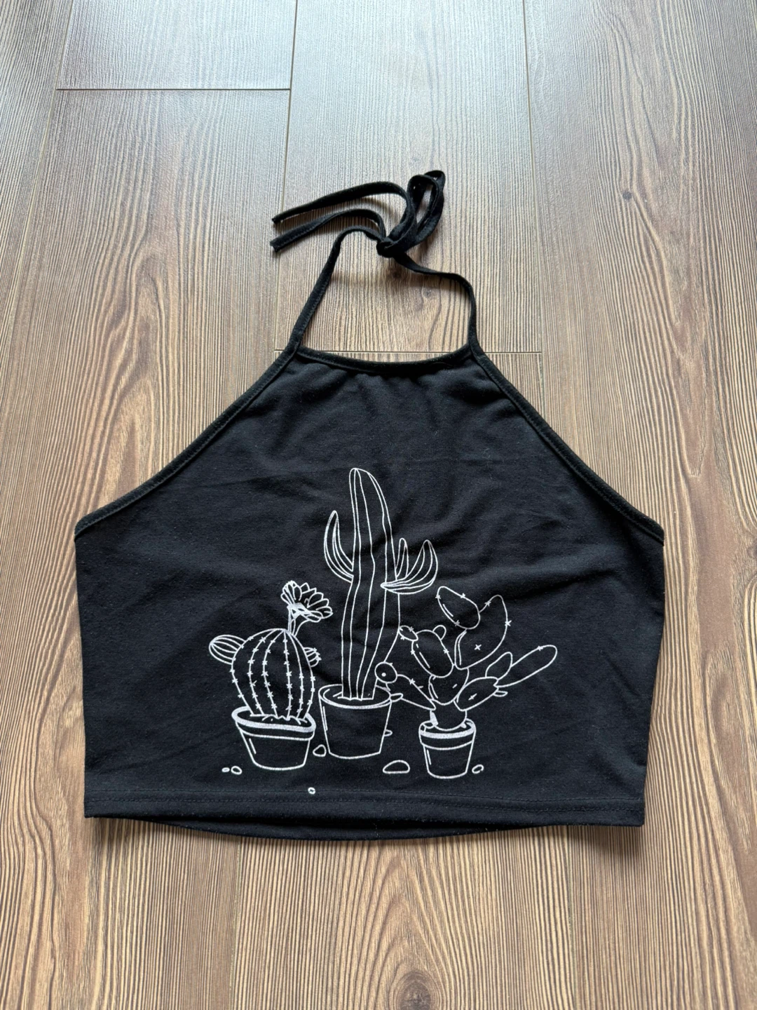 Black Halter Crop Top with Cactus Print - photo 2