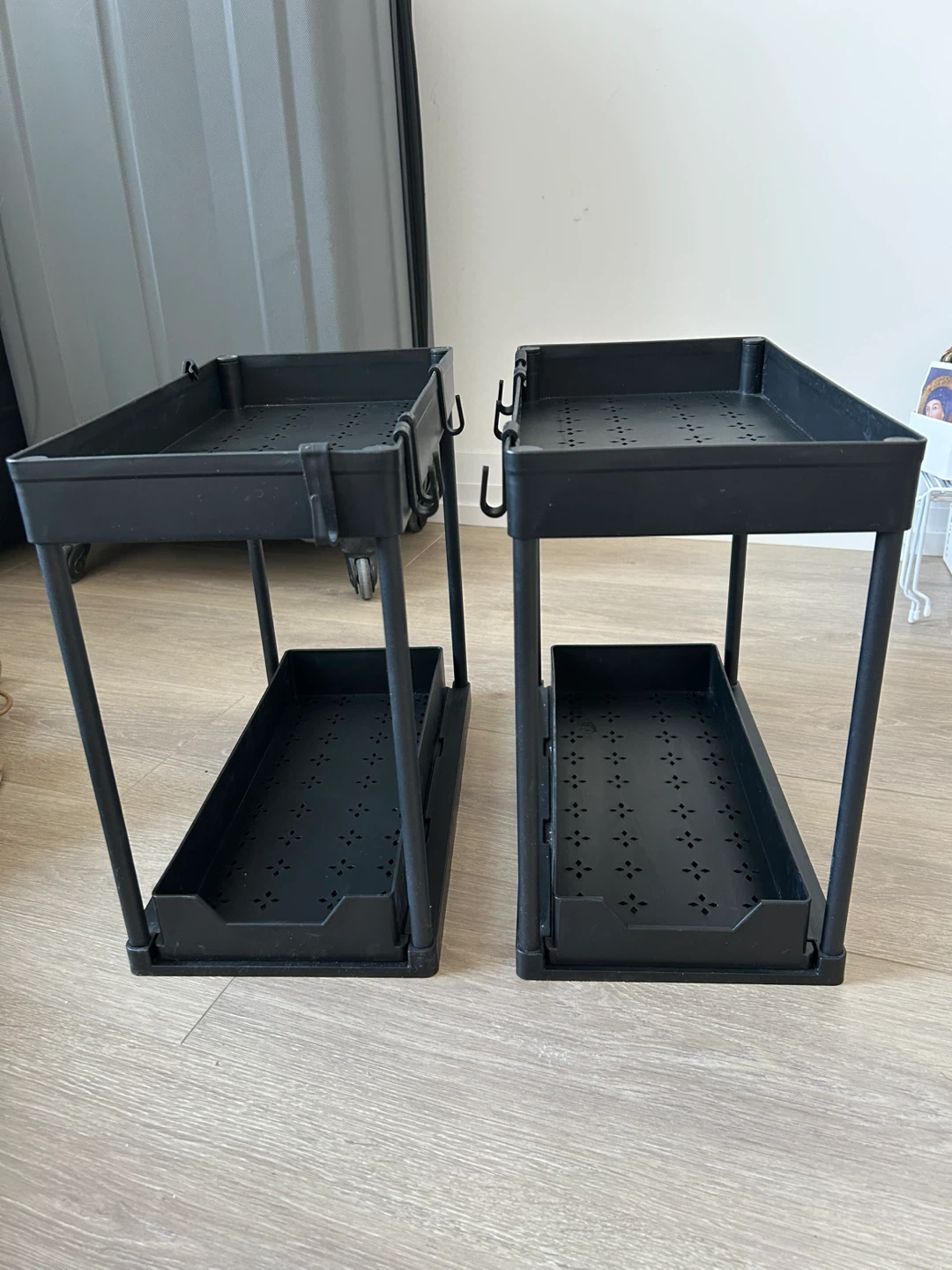 Set of 2 Black 2-Tier Storage Shelves