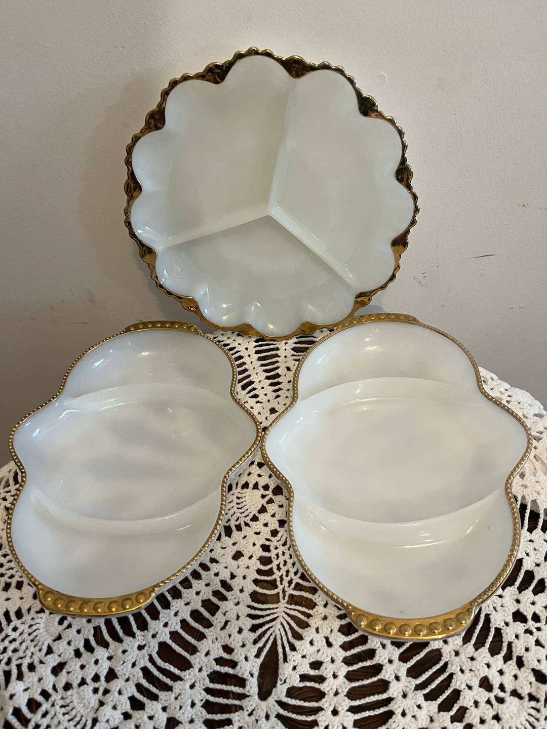 Vintage white Milk Glass Divided Serving Dishes with Gold Trim
