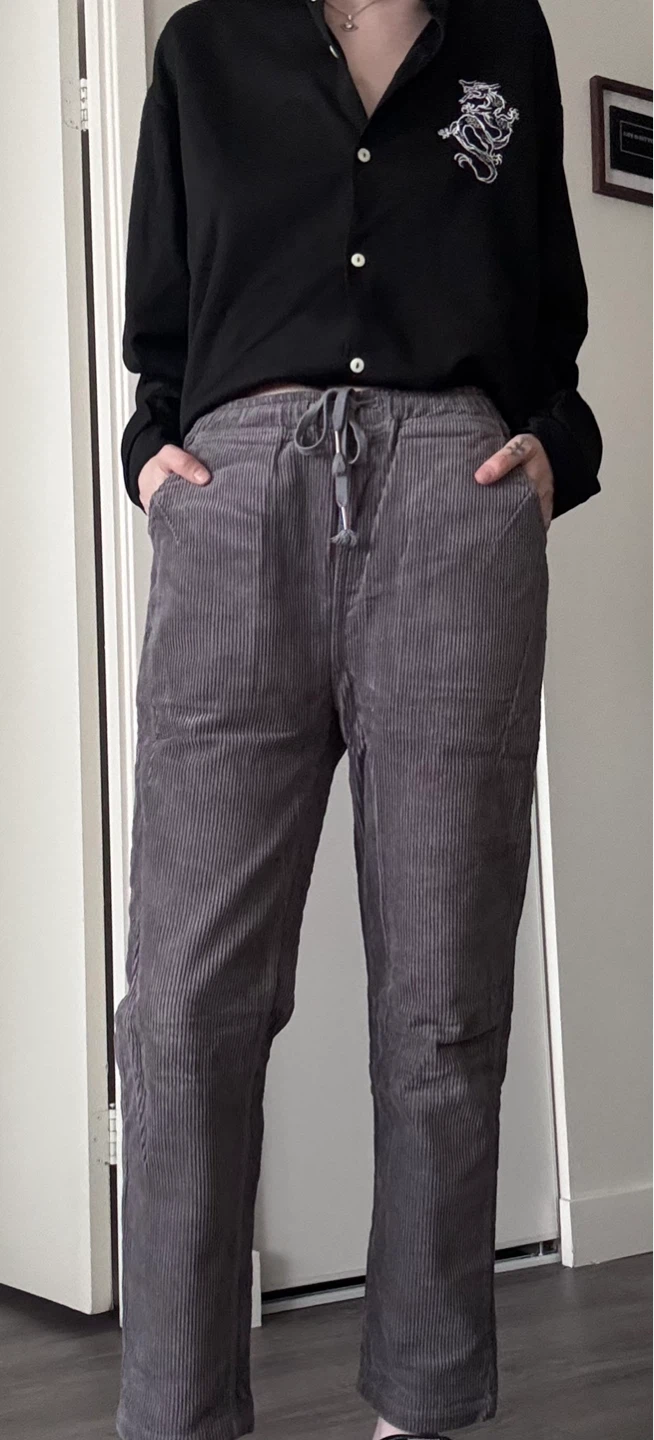 Grey Corduroy Pants with Drawstring Waist