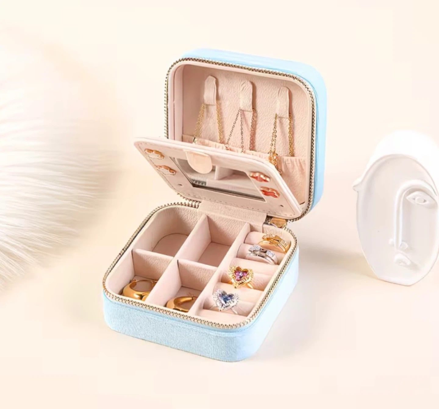 Light Blue Velvet Jewellery Organizer Box