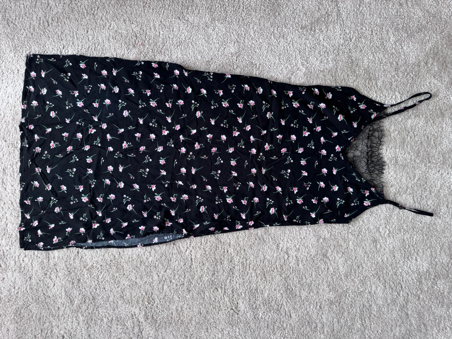 Black Floral Slip Dress with Lace Trim