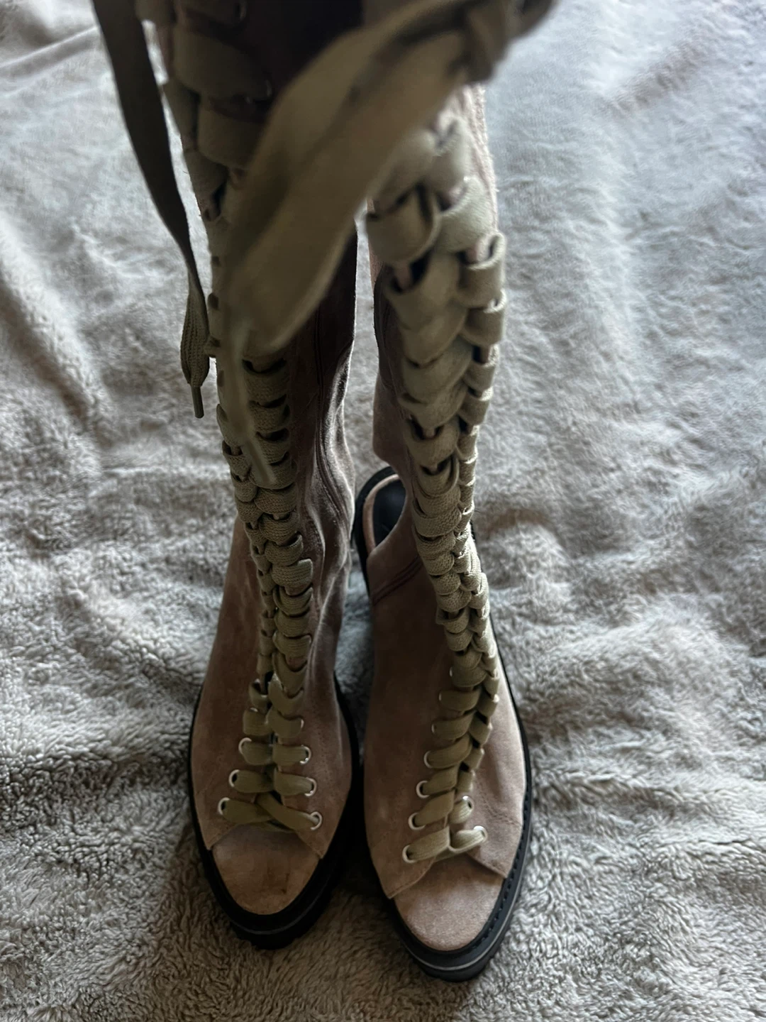 Suede Taupe Peep-Toe Lace-Up Knee-High Heeled Boots - photo 5