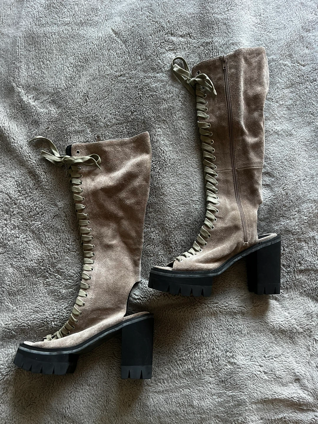 Suede Taupe Peep-Toe Lace-Up Knee-High Heeled Boots - photo 3