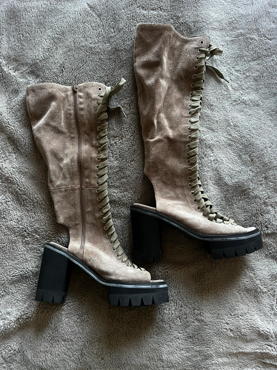Suede Taupe Peep-Toe Lace-Up Knee-High Heeled Boots - photo 2
