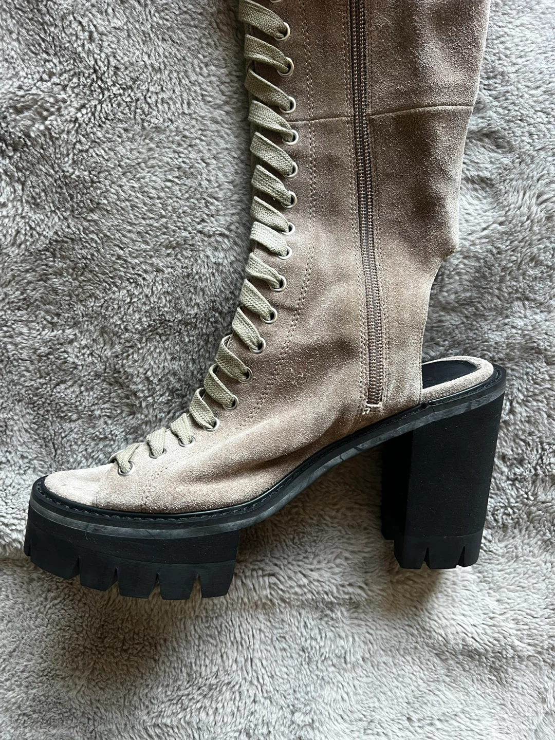 Suede Taupe Peep-Toe Lace-Up Knee-High Heeled Boots - photo 4