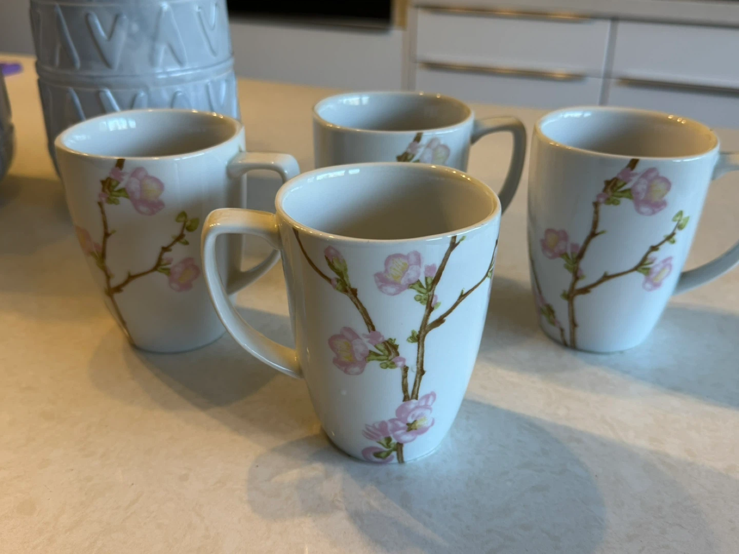 Set of 4 White Mugs with Pink Cherry Blossoms - photo 3