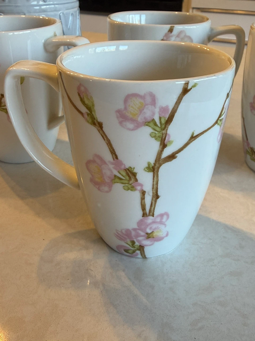 Set of 4 White Mugs with Pink Cherry Blossoms