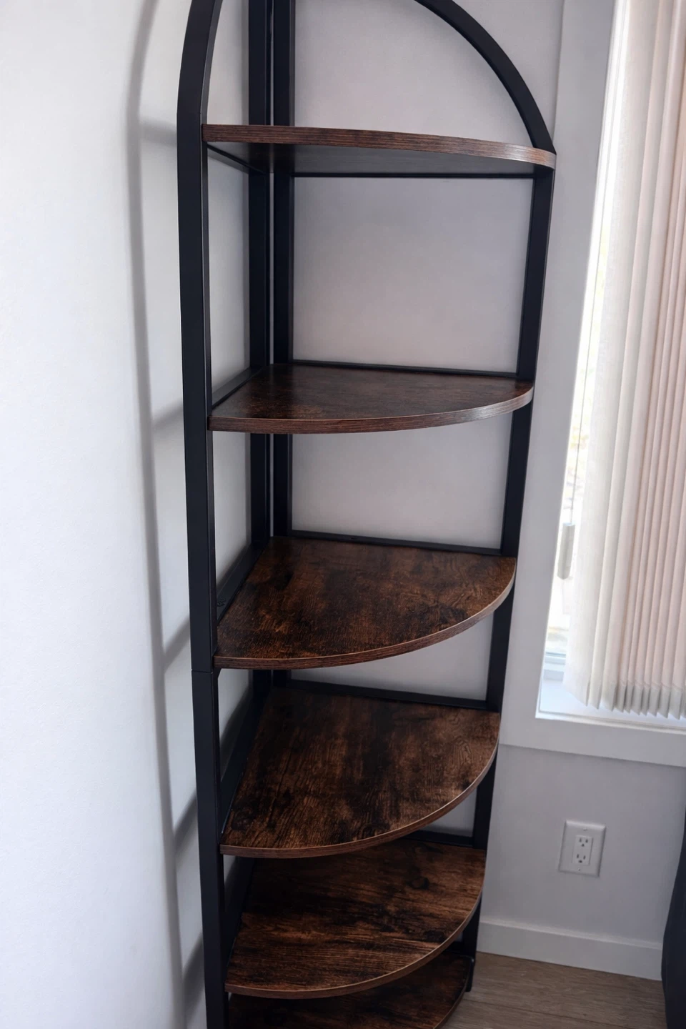 Solid wood & metal 6-tier corner shelf, like new condition