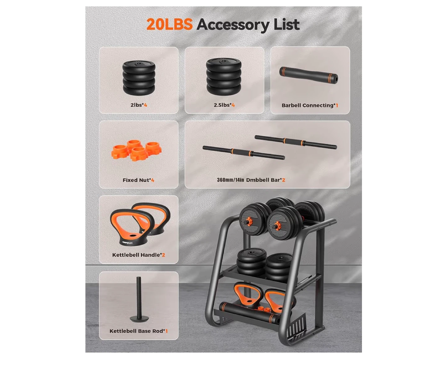 20LB Adjustable Dumbbell Set with Rack - photo 2