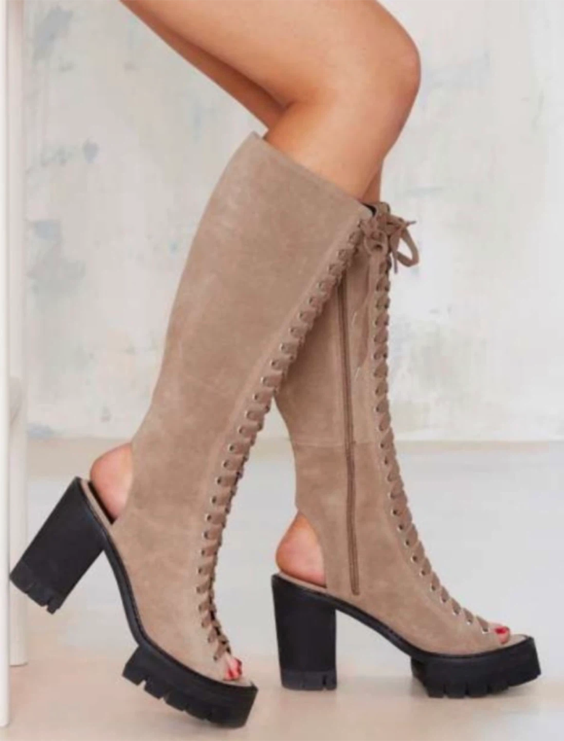 Suede Taupe Peep-Toe Lace-Up Knee-High Heeled Boots