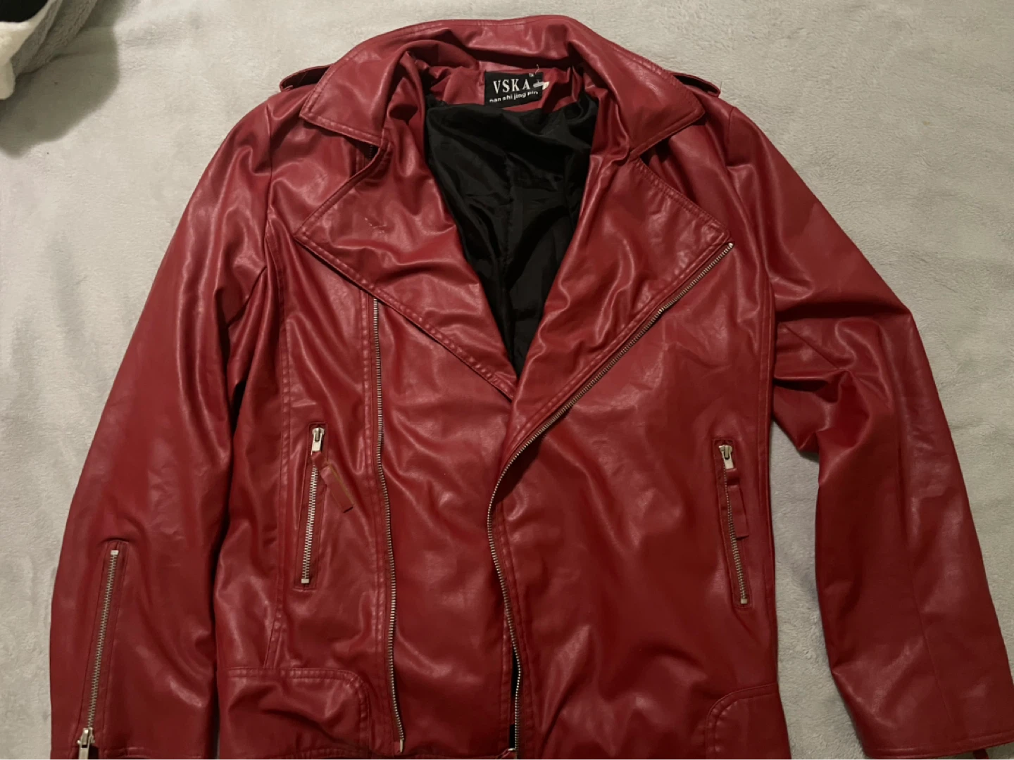 Red faux leather jacket