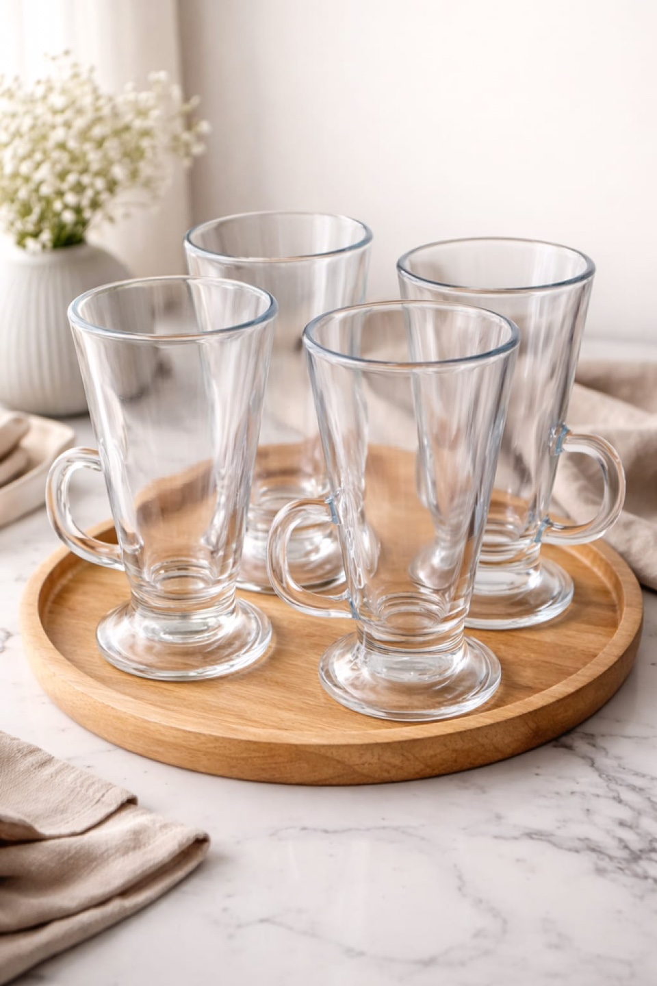Set of 4 Clear Glass Irish Coffee Mugs with Handles