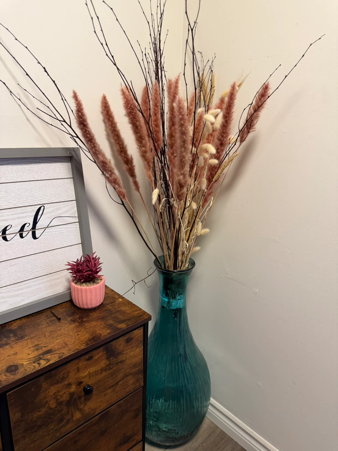 Teal Blue Glass Vase with Ikea Dried Flowers - photo 4