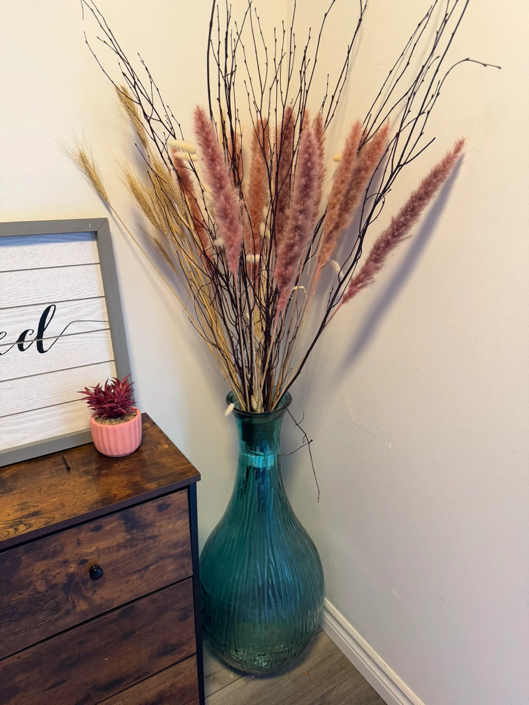 Teal Blue Glass Vase with Ikea Dried Flowers